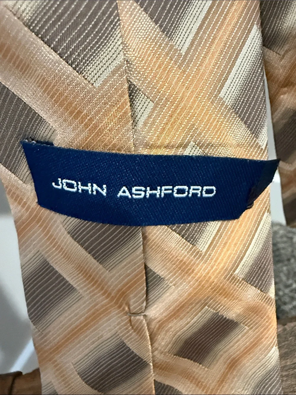 Vintage John Ashford Silk Blend Necktie Geometric Peach Gray Brown Hand Made